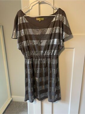 Jaya Gray Metallic Stripe Short Sleeve Dress NWOT